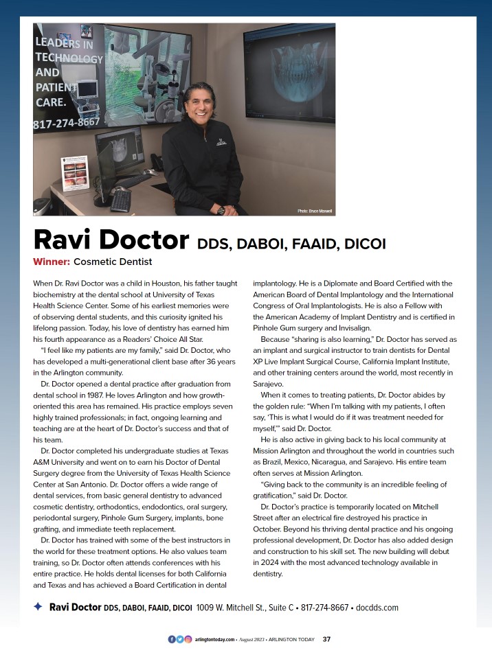 Magazine page featuring Dr. Ravi Doctor, winner of the Cosmetic Dentist award. He is standing in his office with dental technology displayed on screens behind him. The article details his background, education, and dedication to patient care. It highlights his multi-generational client base, his training and certifications in implantology, and his commitment to teaching and community service. Contact details are listed at the bottom.